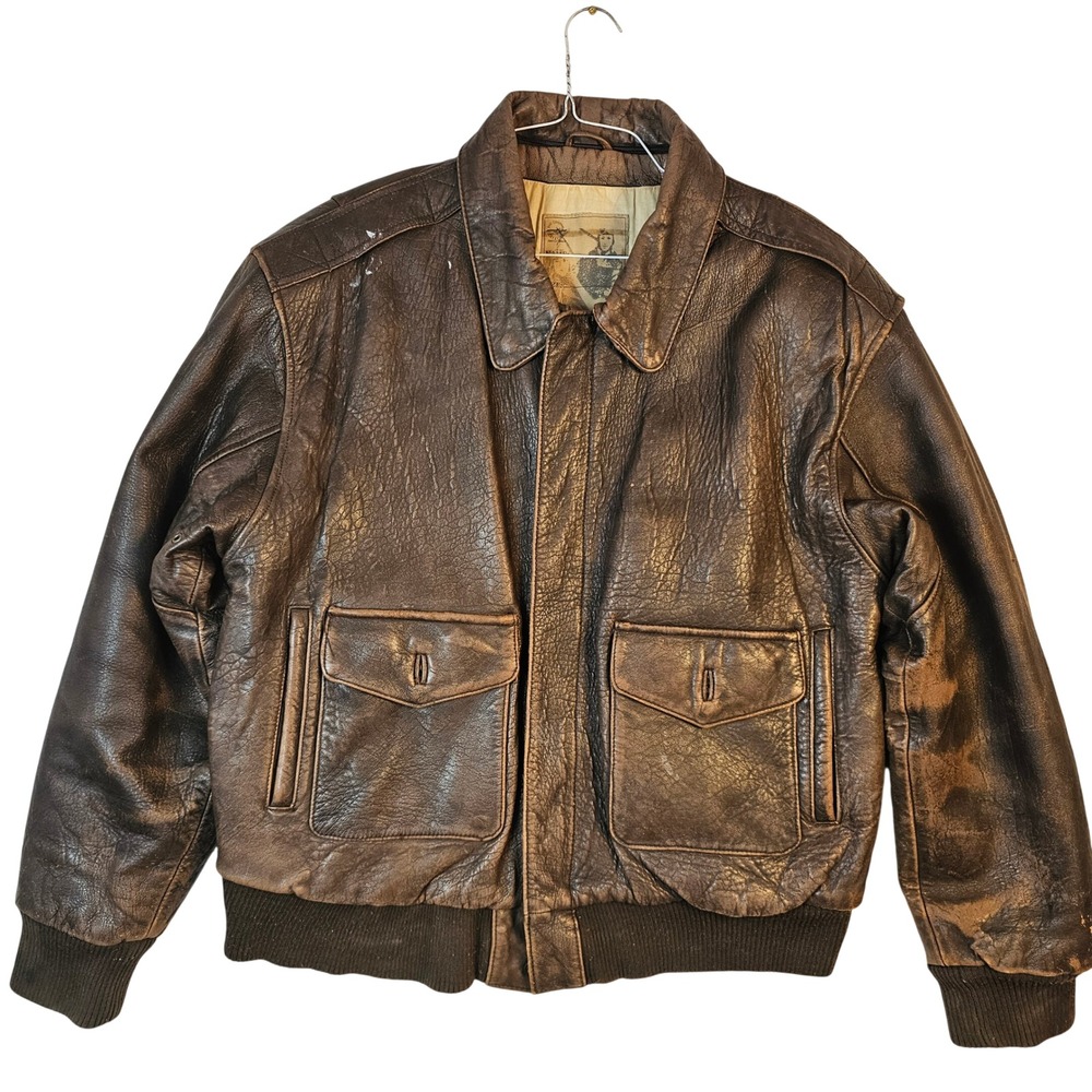 Arizona Jean Company Mens Large Brown Leather Bomber Jacket Aviator Distressed